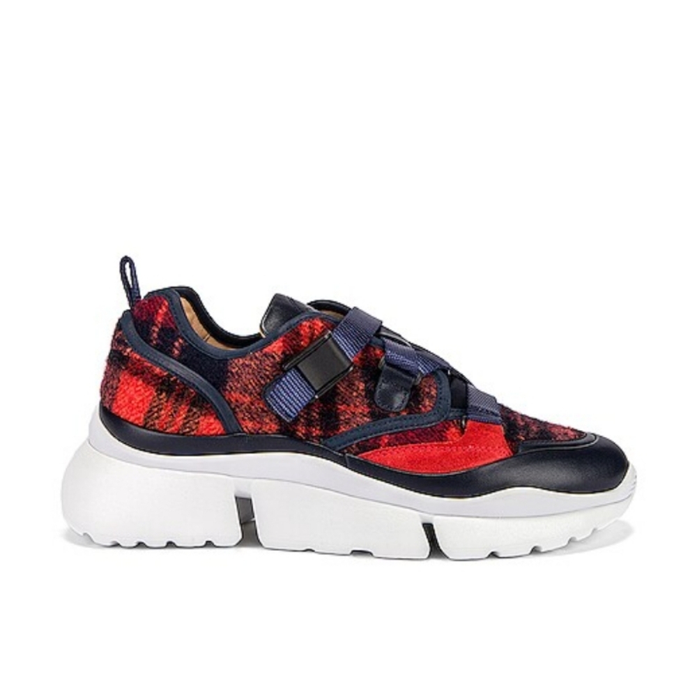 Chloé Sonnie Red and Navy Plaid Sneakers